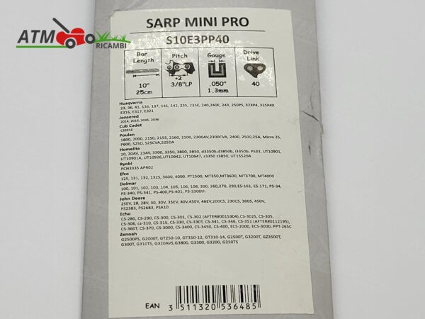 Barra motosega Sarp Mini Pro 10 25cm - passo 3/8 b.p. - spessore 1.3 - 40  maglie S10E3PP40 - ATM Ricambi